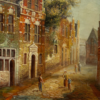 Vintage Dutch Old Town Oil Painting, European Architectural Street Scene in Ornate Gilded Frame