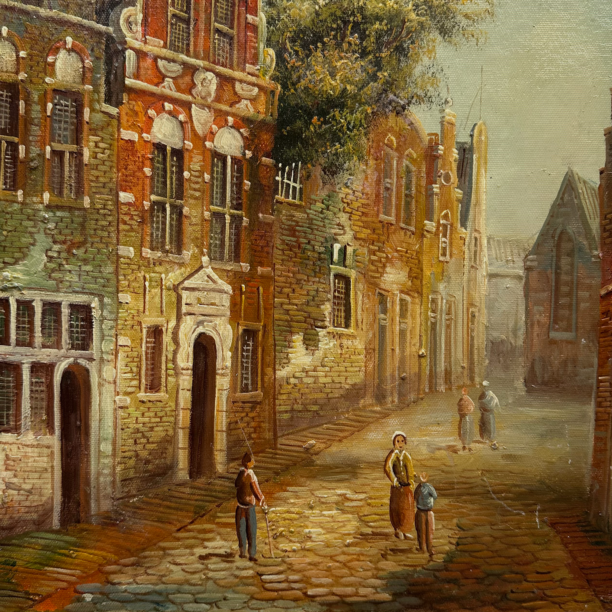 Vintage Dutch Old Town Oil Painting, European Architectural Street Scene in Ornate Gilded Frame