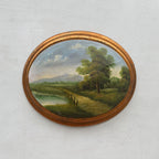 Waterside Path | Vintage Landscape Oil Painting | Oval Frame, Convex Panel | 18.5×15.4in