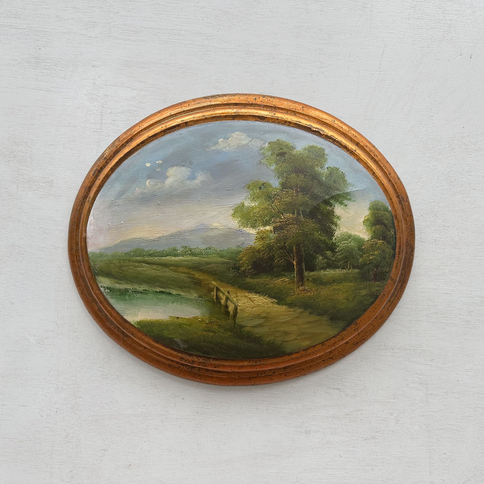 Waterside Path | Vintage Landscape Oil Painting | Oval Frame, Convex Panel | 18.5×15.4in