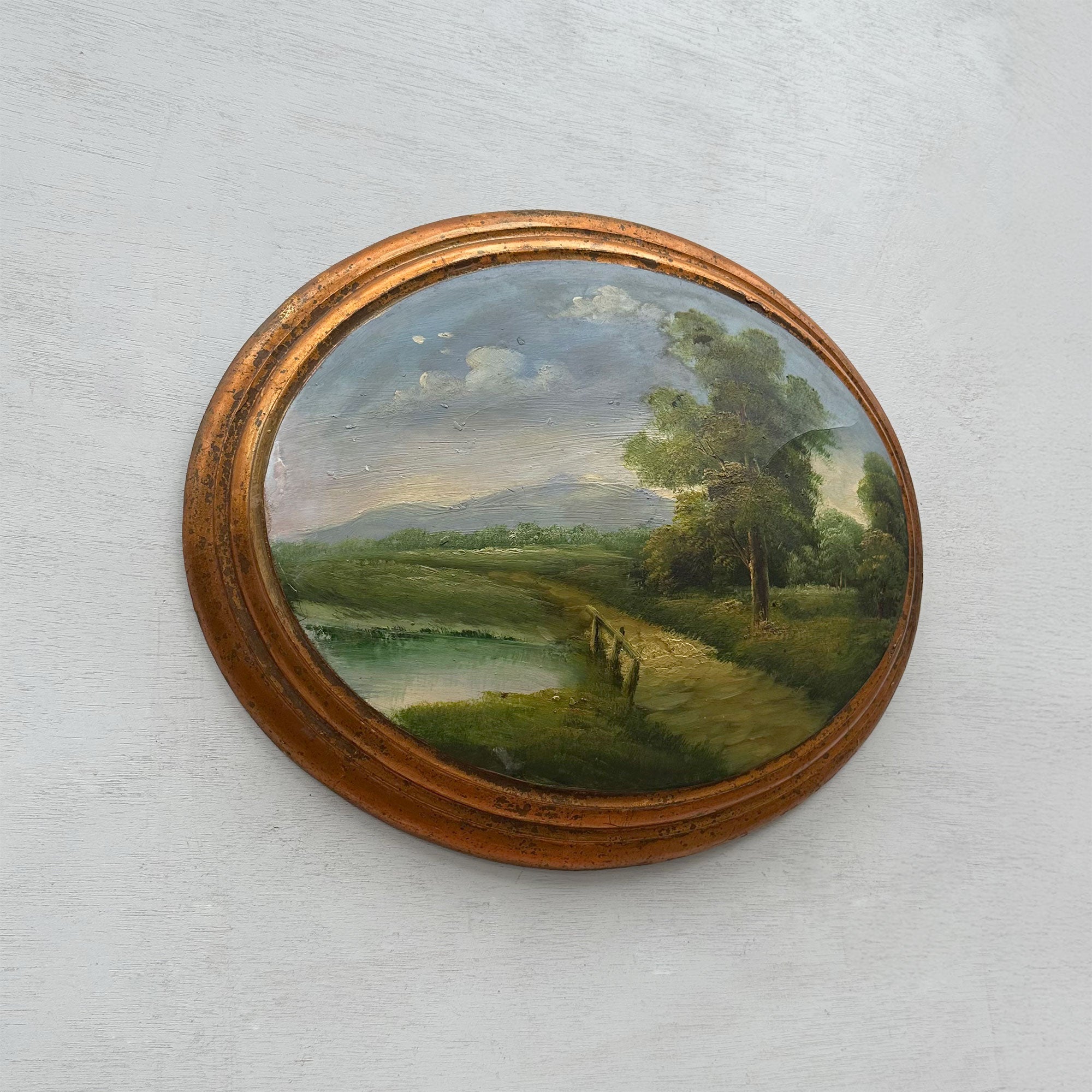 Waterside Path | Vintage Landscape Oil Painting | Oval Frame, Convex Panel | 18.5×15.4in