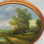 Waterside Path | Vintage Landscape Oil Painting | Oval Frame, Convex Panel | 18.5×15.4in