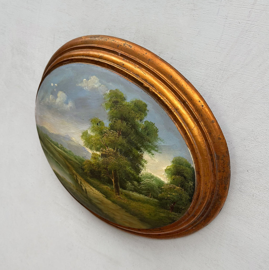 Waterside Path | Vintage Landscape Oil Painting | Oval Frame, Convex Panel | 18.5×15.4in