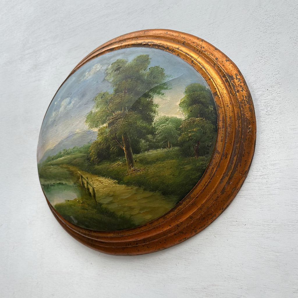 Waterside Path | Vintage Landscape Oil Painting | Oval Frame, Convex Panel | 18.5×15.4in
