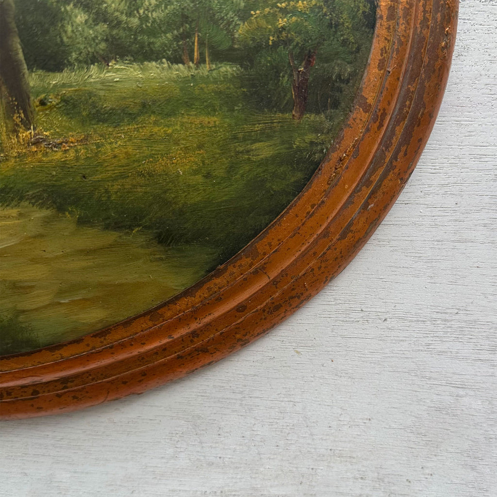 Waterside Path | Vintage Landscape Oil Painting | Oval Frame, Convex Panel | 18.5×15.4in