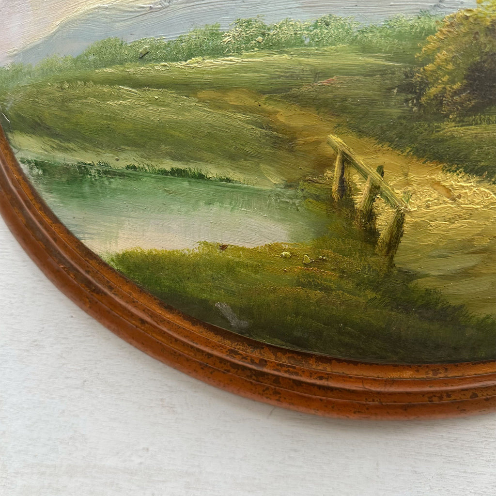 Waterside Path | Vintage Landscape Oil Painting | Oval Frame, Convex Panel | 18.5×15.4in