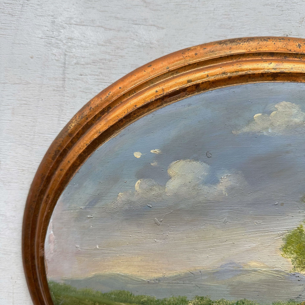 Waterside Path | Vintage Landscape Oil Painting | Oval Frame, Convex Panel | 18.5×15.4in