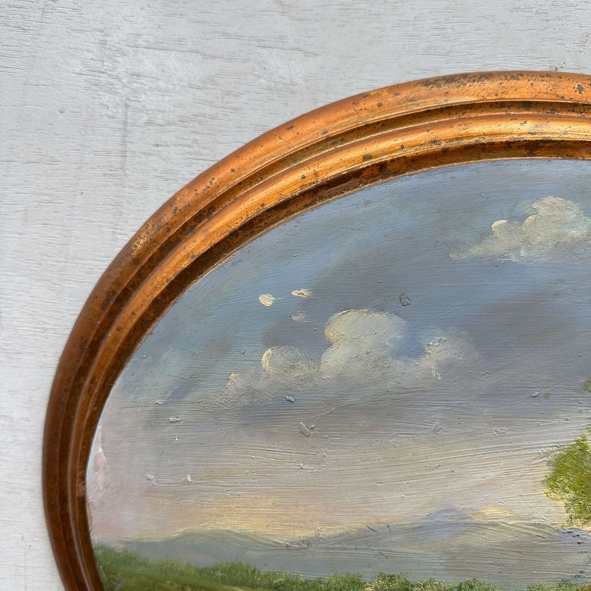 Waterside Path | Vintage Landscape Oil Painting | Oval Frame, Convex Panel | 18.5×15.4in