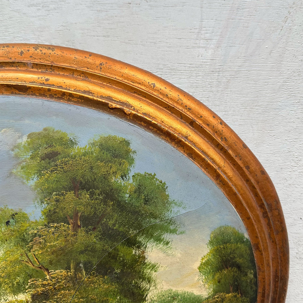 Waterside Path | Vintage Landscape Oil Painting | Oval Frame, Convex Panel | 18.5×15.4in