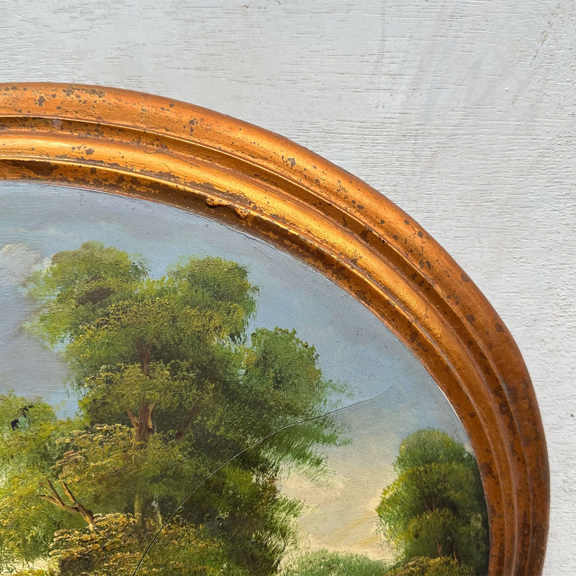 Waterside Path | Vintage Landscape Oil Painting | Oval Frame, Convex Panel | 18.5×15.4in