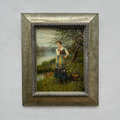Original Hand Painted Vintage Figure Painting, Woman by the River Countryside Scene