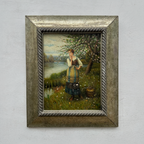 Original Hand Painted Vintage Figure Painting, Woman by the River Countryside Scene