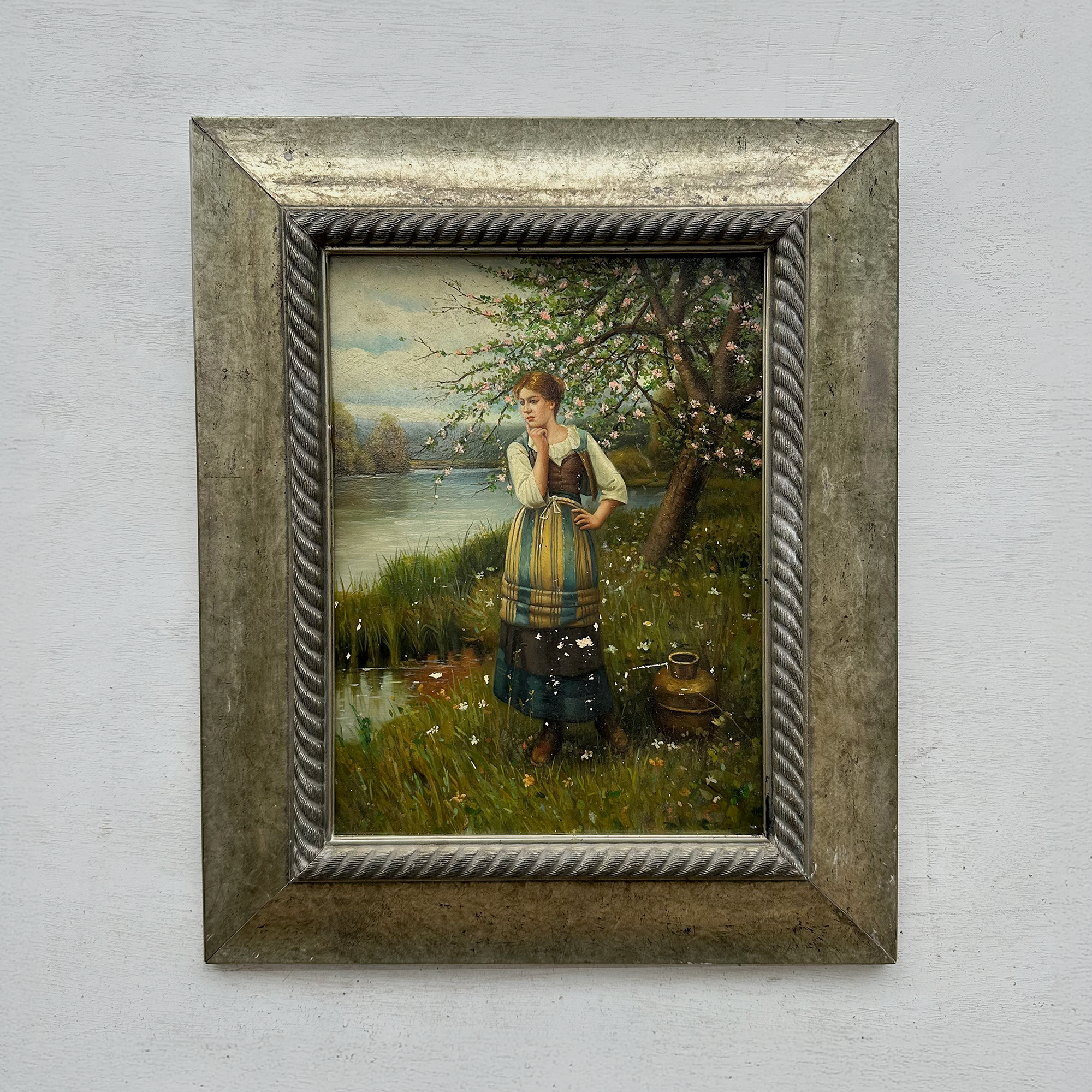 Original Hand Painted Vintage Figure Painting, Woman by the River Countryside Scene