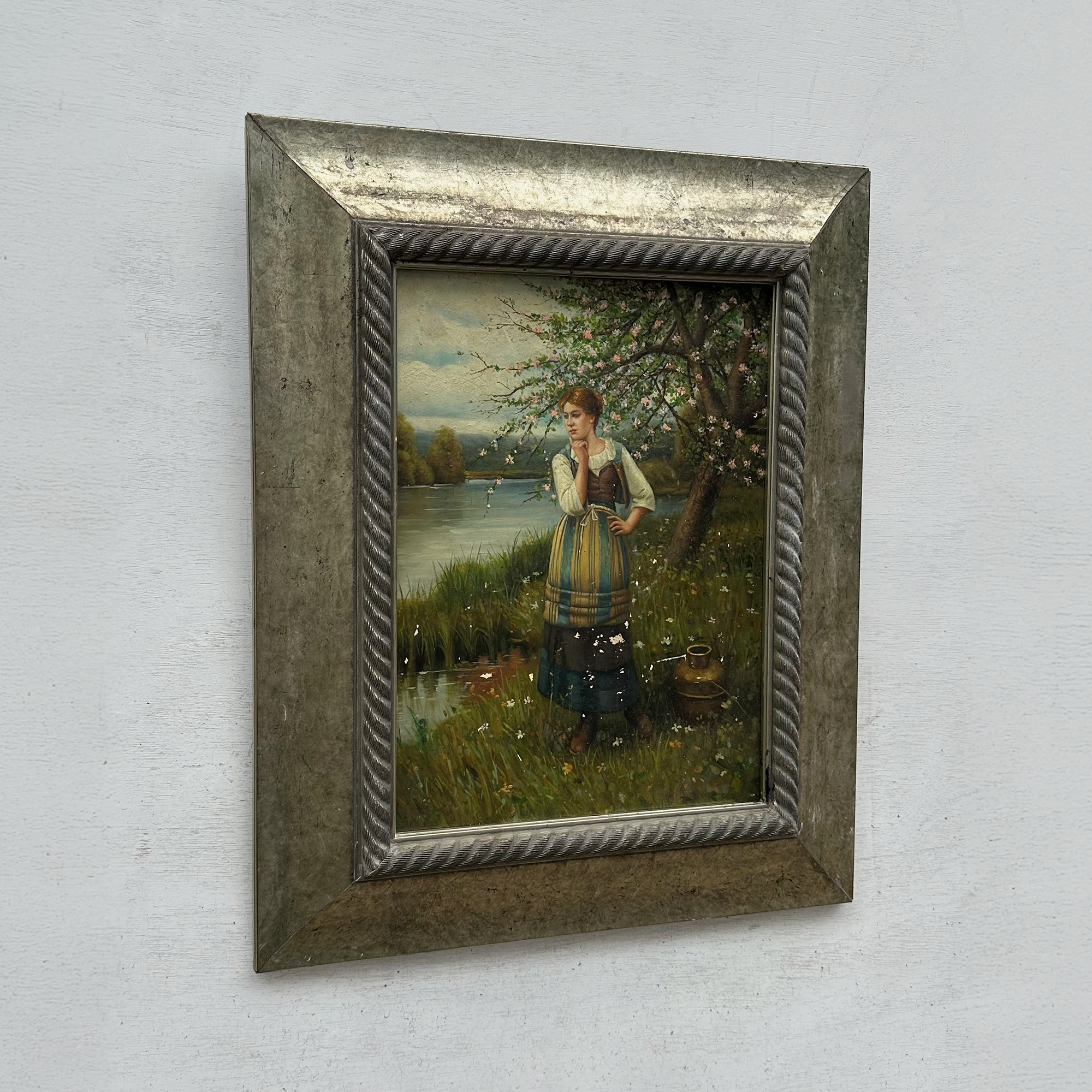 Original Hand Painted Vintage Figure Painting, Woman by the River Countryside Scene