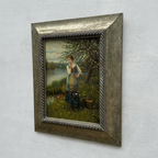 Original Hand Painted Vintage Figure Painting, Woman by the River Countryside Scene