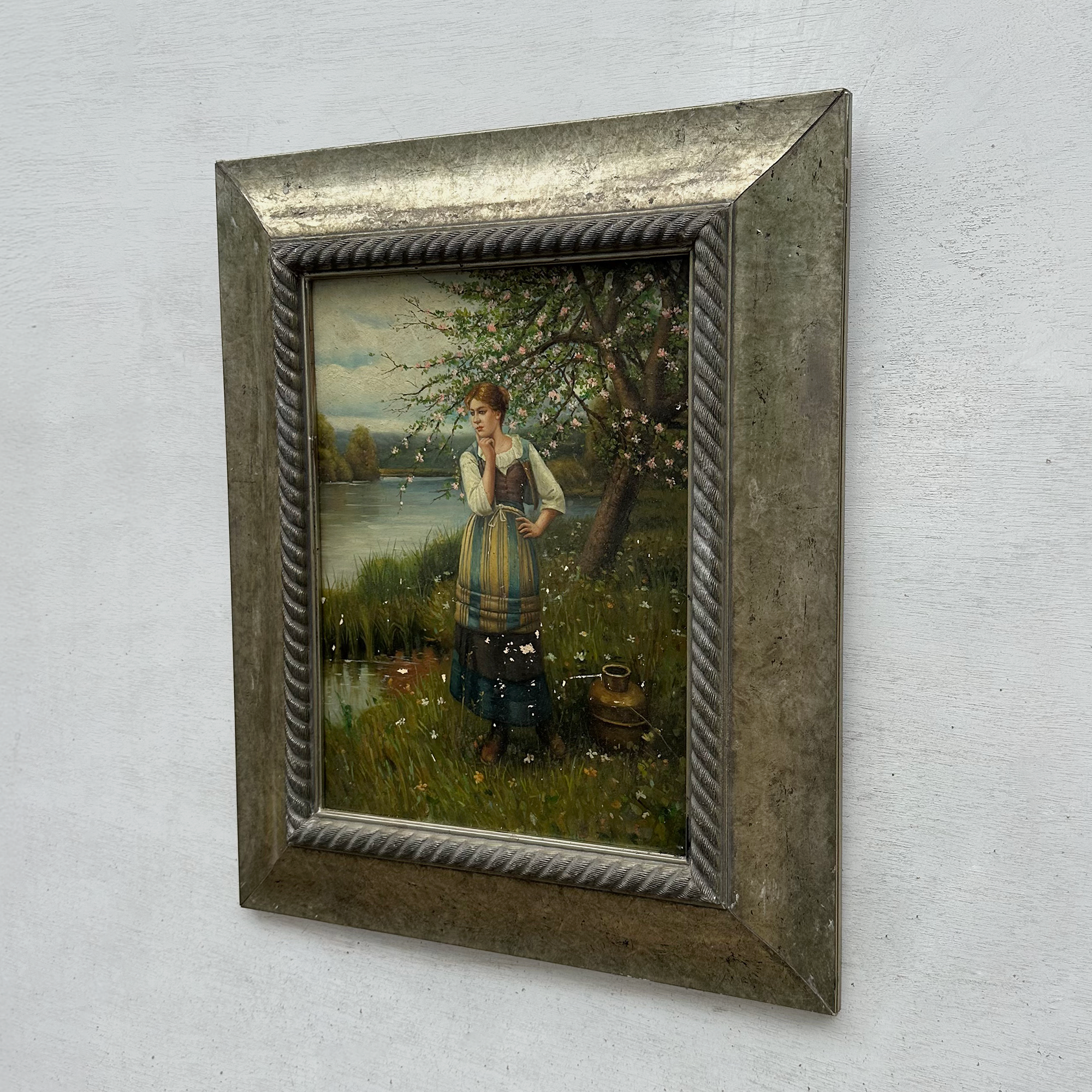 Original Hand Painted Vintage Figure Painting, Woman by the River Countryside Scene