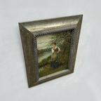 Original Hand Painted Vintage Figure Painting, Woman by the River Countryside Scene