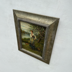 Original Hand Painted Vintage Figure Painting, Woman by the River Countryside Scene