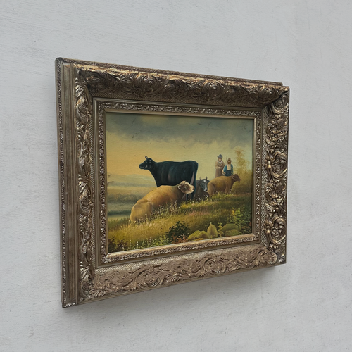 Antique French Country Cattle Oil Painting, Framed Pastoral Landscape Art for Farmhouse Decor