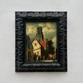 Original Framed Vintage European Village Oil Painting, Church Tower and Street Scene ( with Frame  33 x 37 cm )