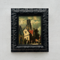 Original Framed Vintage European Village Oil Painting, Church Tower and Street Scene ( with Frame  33 x 37 cm )