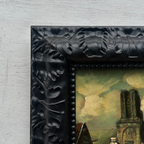 Original Framed Vintage European Village Oil Painting, Church Tower and Street Scene ( with Frame  33 x 37 cm )