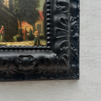 Original Framed Vintage European Village Oil Painting, Church Tower and Street Scene ( with Frame  33 x 37 cm )