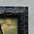 Original Framed Vintage European Village Oil Painting, Church Tower and Street Scene ( with Frame  33 x 37 cm )