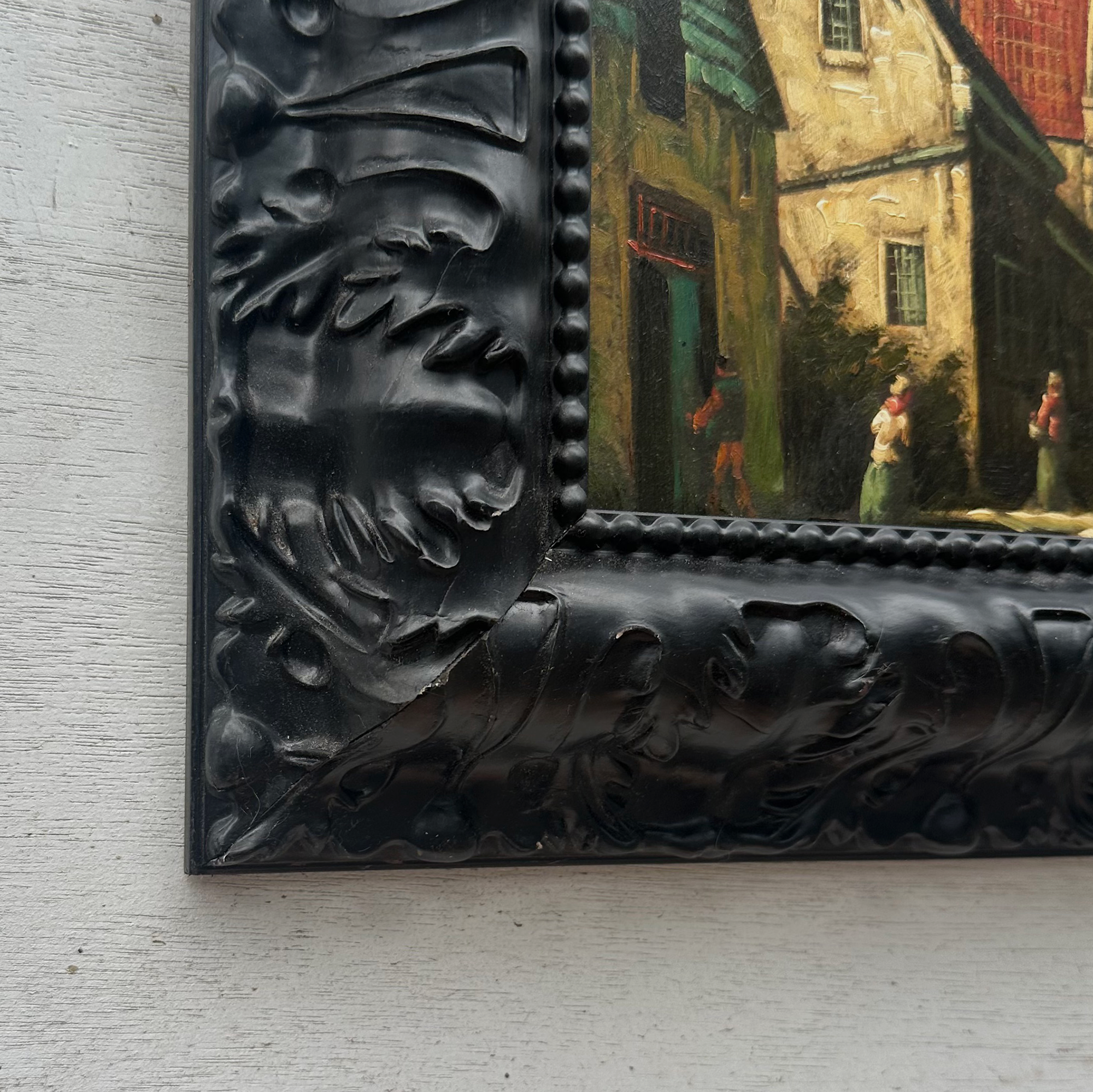 Original Framed Vintage European Village Oil Painting, Church Tower and Street Scene ( with Frame  33 x 37 cm )