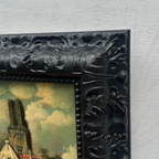 Original Framed Vintage European Village Oil Painting, Church Tower and Street Scene ( with Frame  33 x 37 cm )