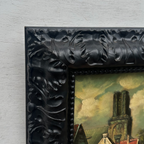 Original Framed Vintage European Village Oil Painting, Church Tower and Street Scene ( with Frame  33 x 37 cm )