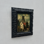 Original Framed Vintage European Village Oil Painting, Church Tower and Street Scene ( with Frame  33 x 37 cm )
