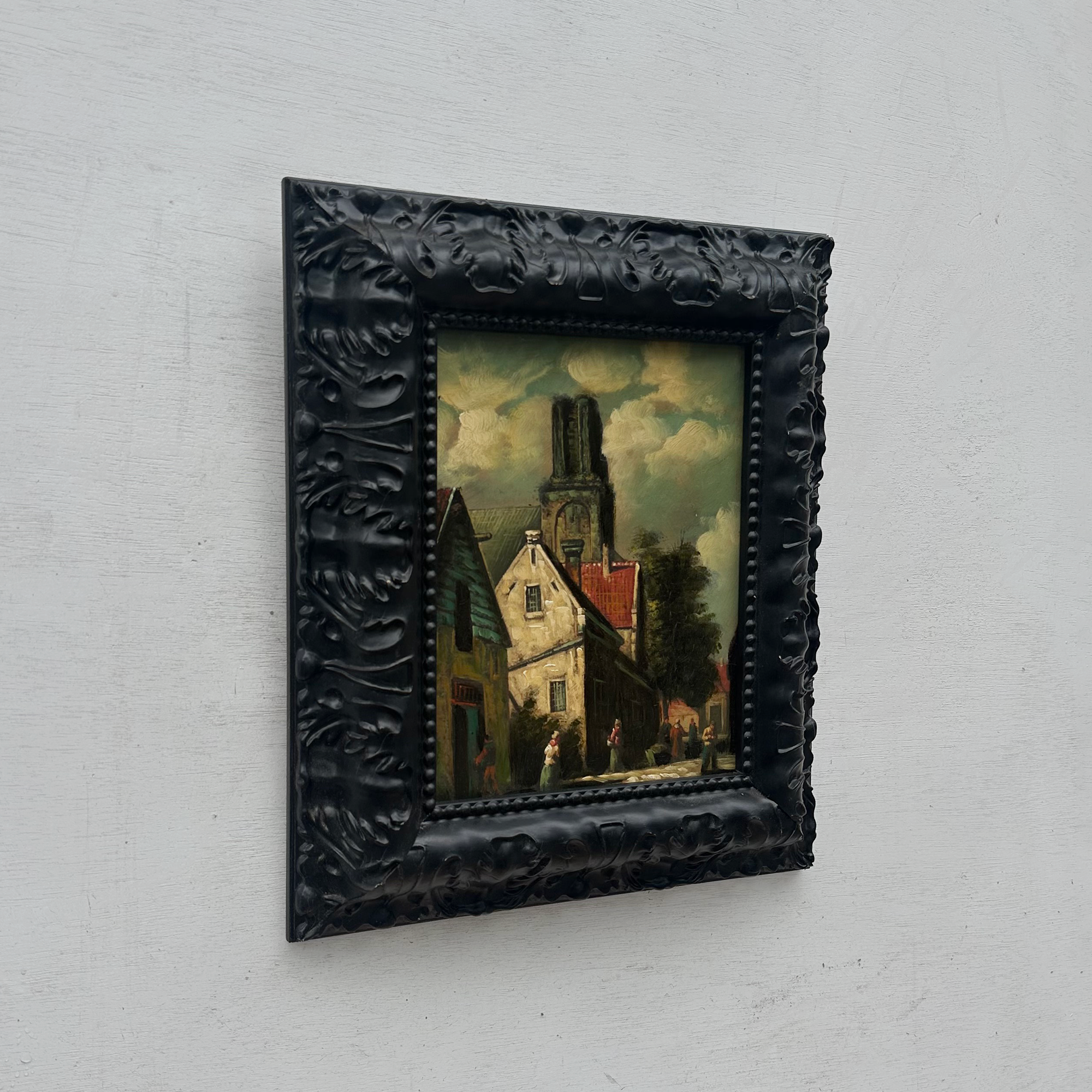 Original Framed Vintage European Village Oil Painting, Church Tower and Street Scene ( with Frame  33 x 37 cm )
