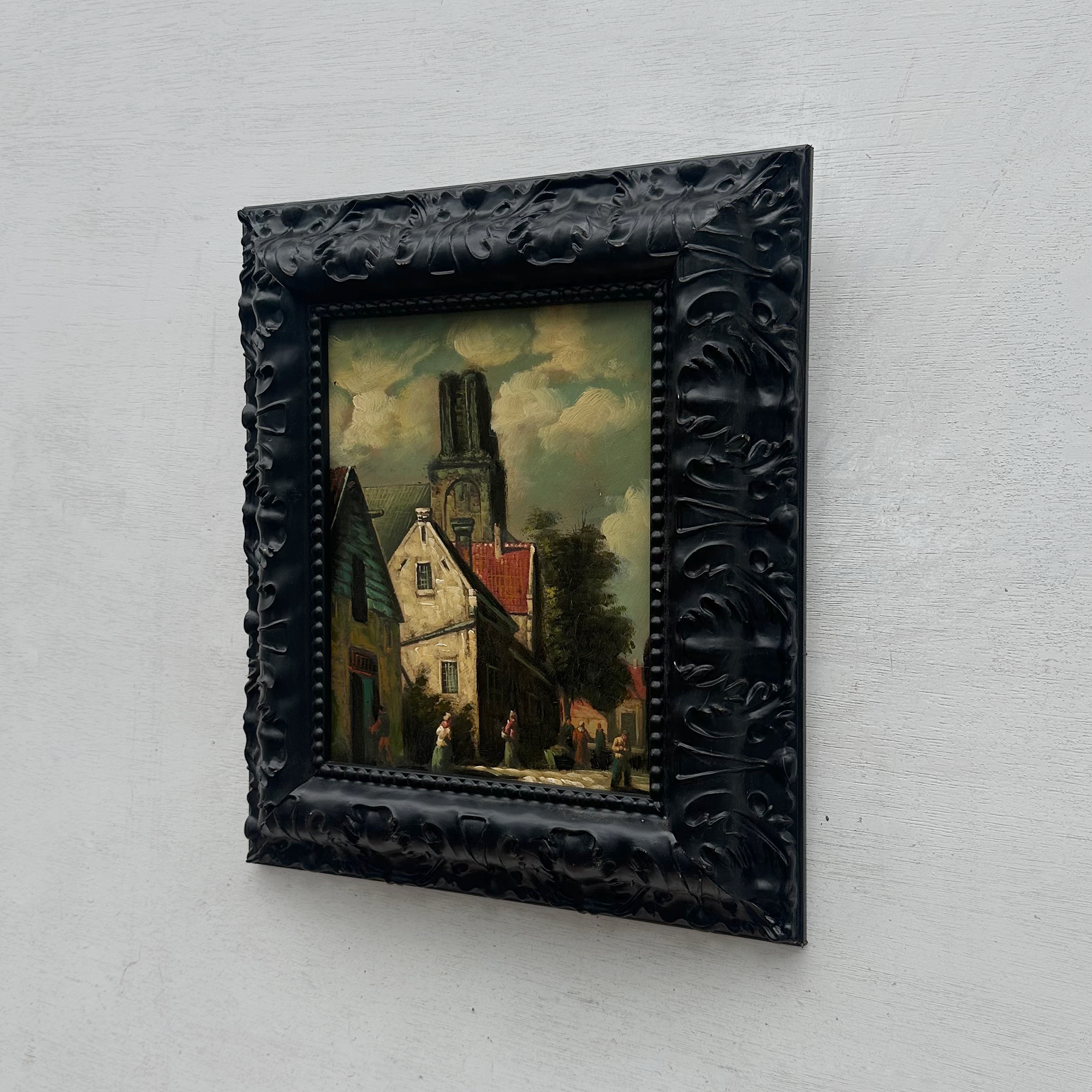 Original Framed Vintage European Village Oil Painting, Church Tower and Street Scene ( with Frame  33 x 37 cm )
