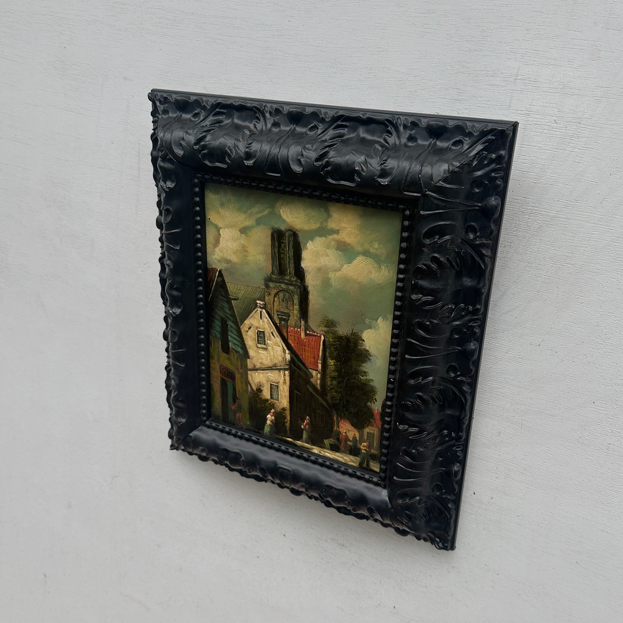 Original Framed Vintage European Village Oil Painting, Church Tower and Street Scene ( with Frame  33 x 37 cm )