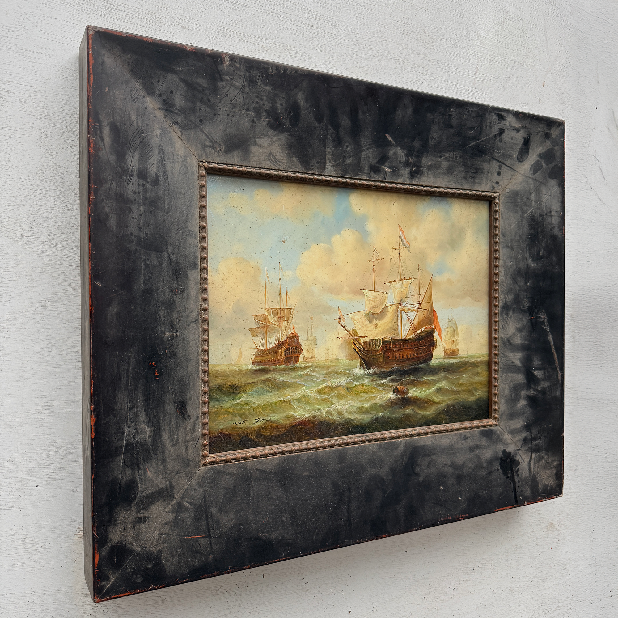 Original Framed Vintage Tall Ship Oil Painting, Maritime Seascape and Sailing Vessel Art