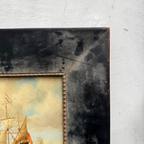 Original Framed Vintage Tall Ship Oil Painting, Maritime Seascape and Sailing Vessel Art