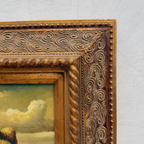 Original Framed Vintage Pastoral Sheep Oil Painting, European Countryside Landscape Art ( with Frame 42.5 x 47.5 cm )