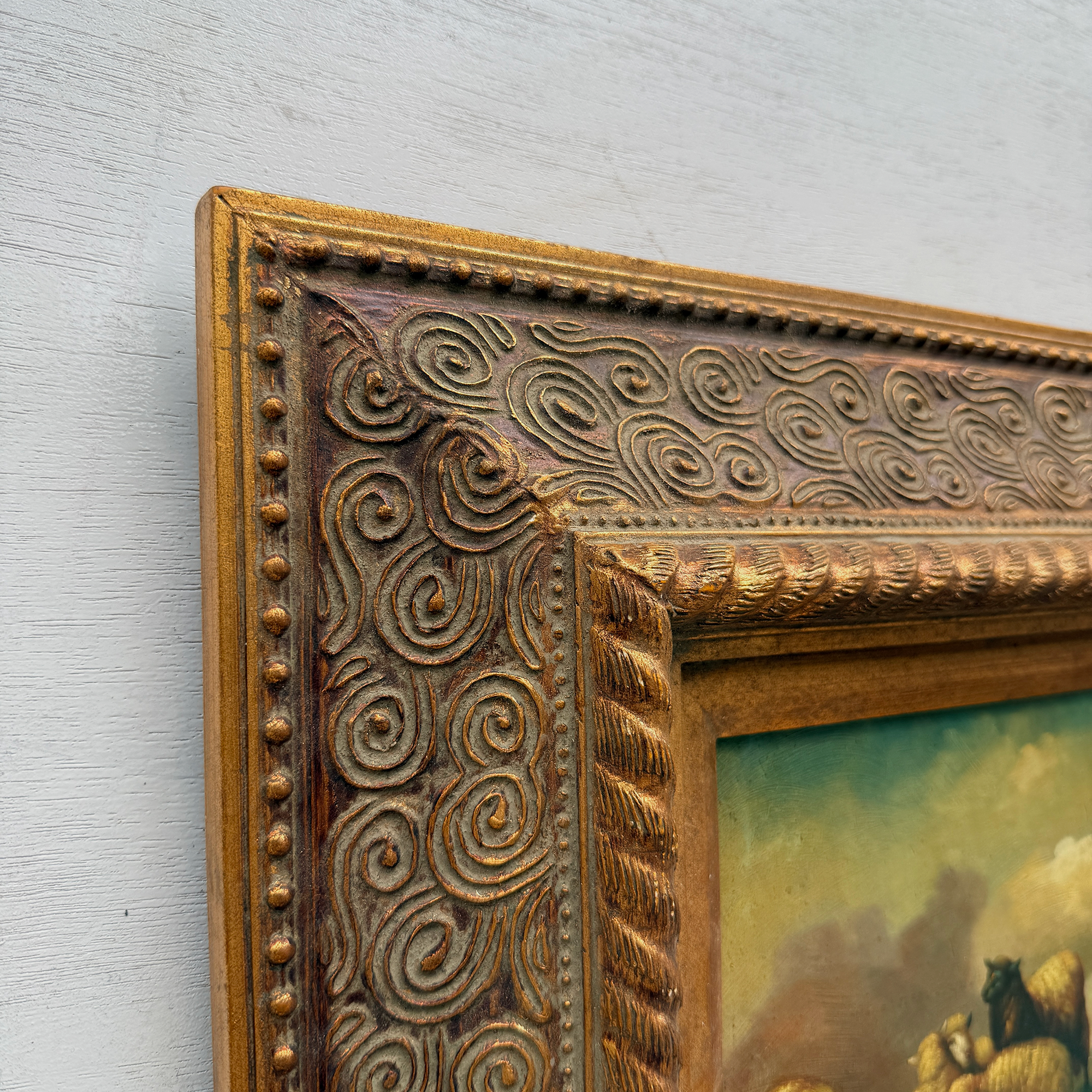 Original Framed Vintage Pastoral Sheep Oil Painting, European Countryside Landscape Art ( with Frame 42.5 x 47.5 cm )