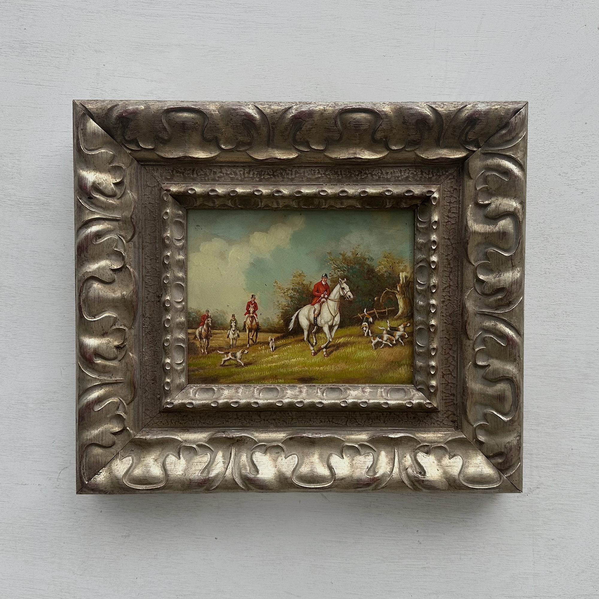 Old World Hunting Oil Painting, Rustic Framed Countryside Wall Art 44.5x39.5cm