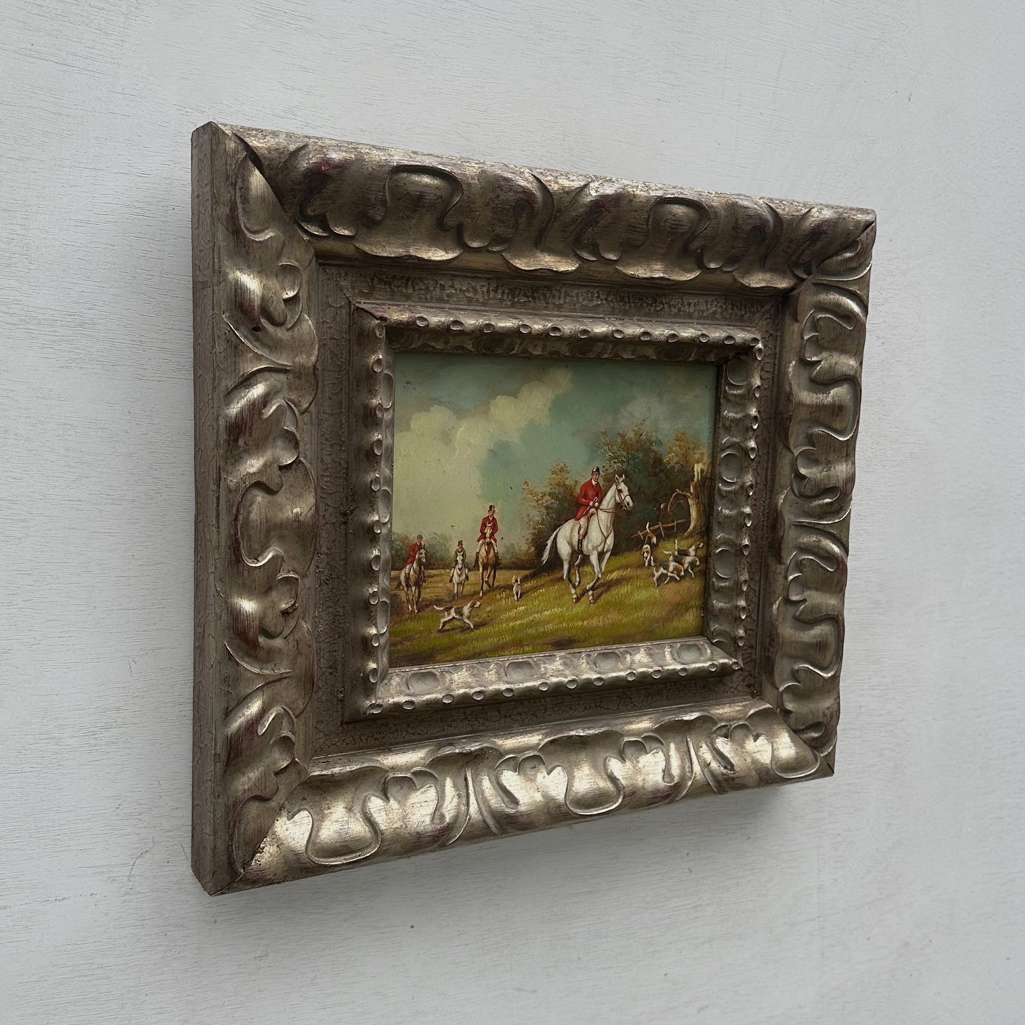 Old World Hunting Oil Painting, Rustic Framed Countryside Wall Art 44.5x39.5cm