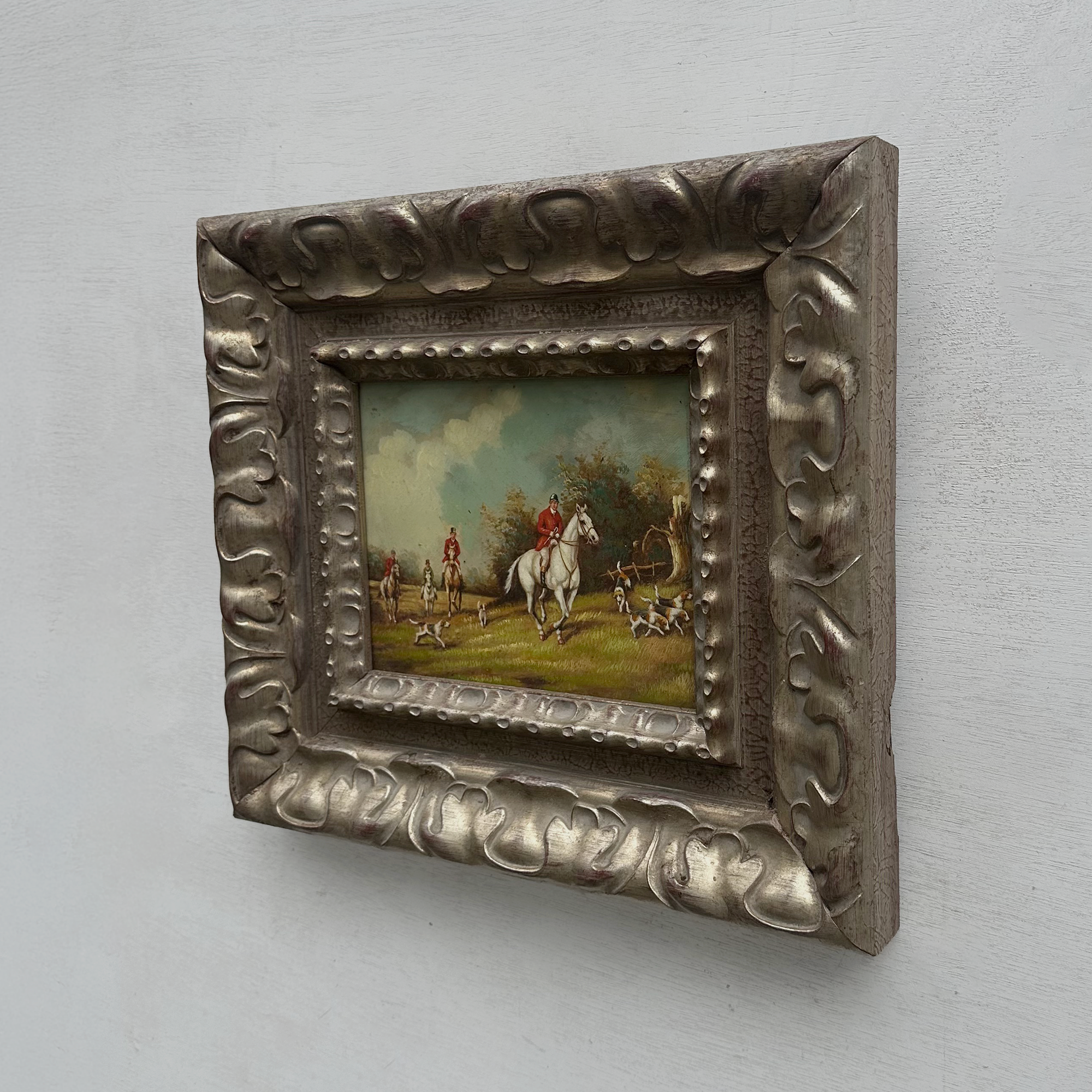 Old World Hunting Oil Painting, Rustic Framed Countryside Wall Art 44.5x39.5cm