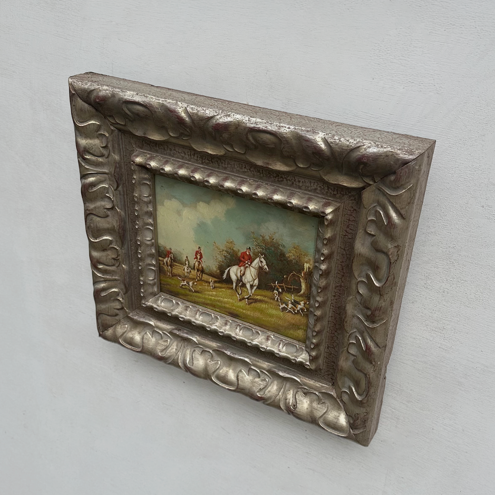Old World Hunting Oil Painting, Rustic Framed Countryside Wall Art 44.5x39.5cm