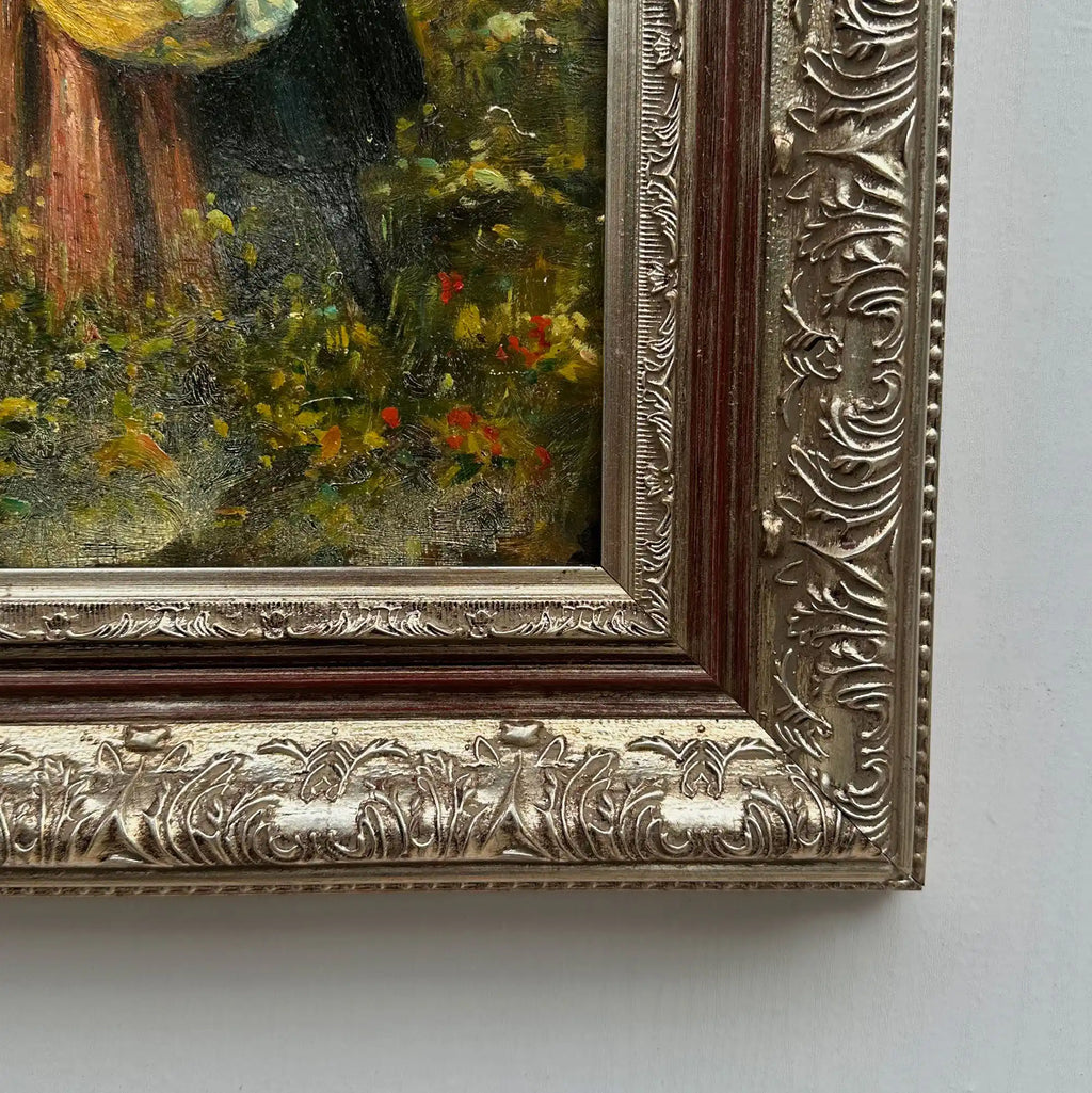 Ladies in the Meadow | Vintage Figure Oil Painting | Ornate Frame | 18.9×22.8in - Vintage Oil Painting - Arden Gallery