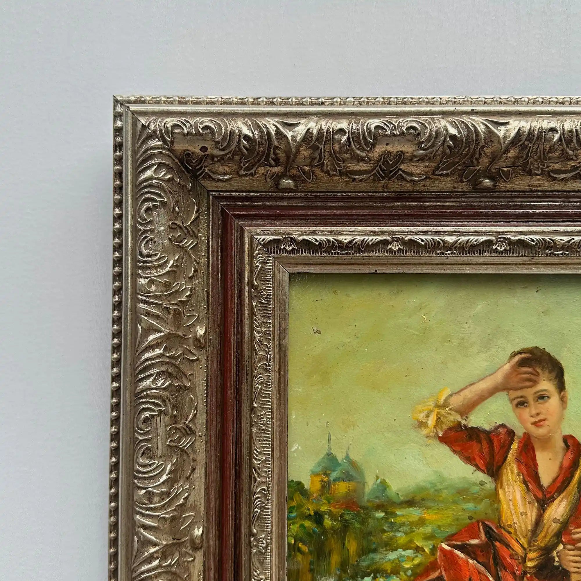 Ladies in the Meadow | Vintage Figure Oil Painting | Ornate Frame | 18.9×22.8in - Vintage Oil Painting - Arden Gallery