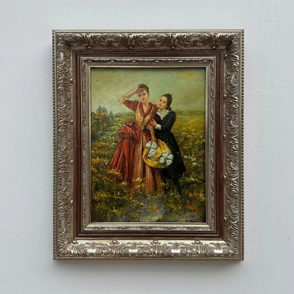 Ladies in the Meadow | Vintage Figure Oil Painting | Ornate Frame | 18.9×22.8in - Vintage Oil Painting - Arden Gallery