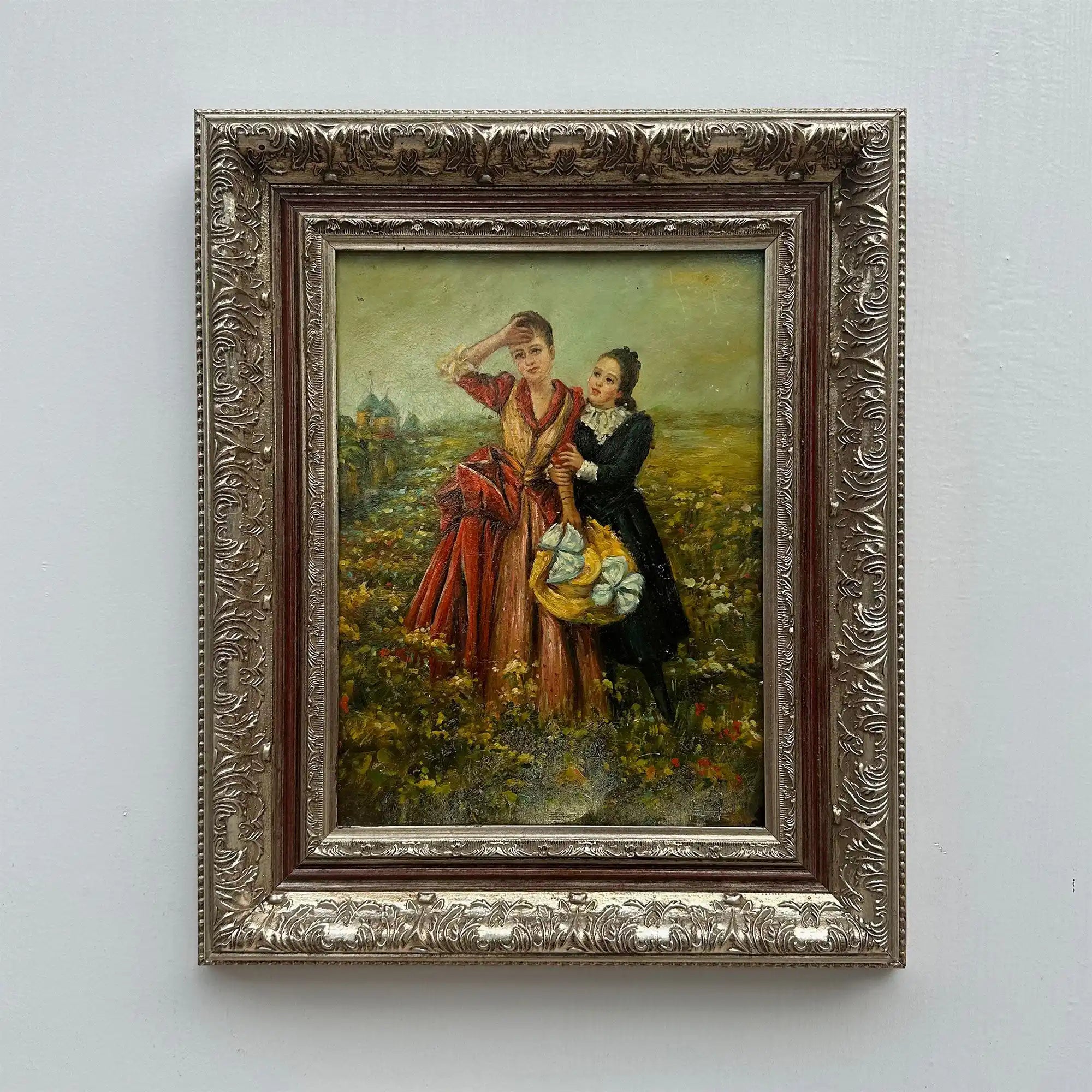 Ladies in the Meadow | Vintage Figure Oil Painting | Ornate Frame | 18.9×22.8in - Vintage Oil Painting - Arden Gallery