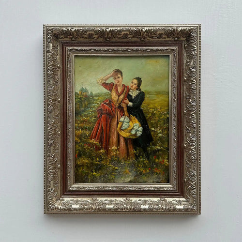 Ladies in the Meadow | Vintage Figure Oil Painting | Ornate Frame | 18.9×22.8in - Vintage Oil Painting - Arden Gallery