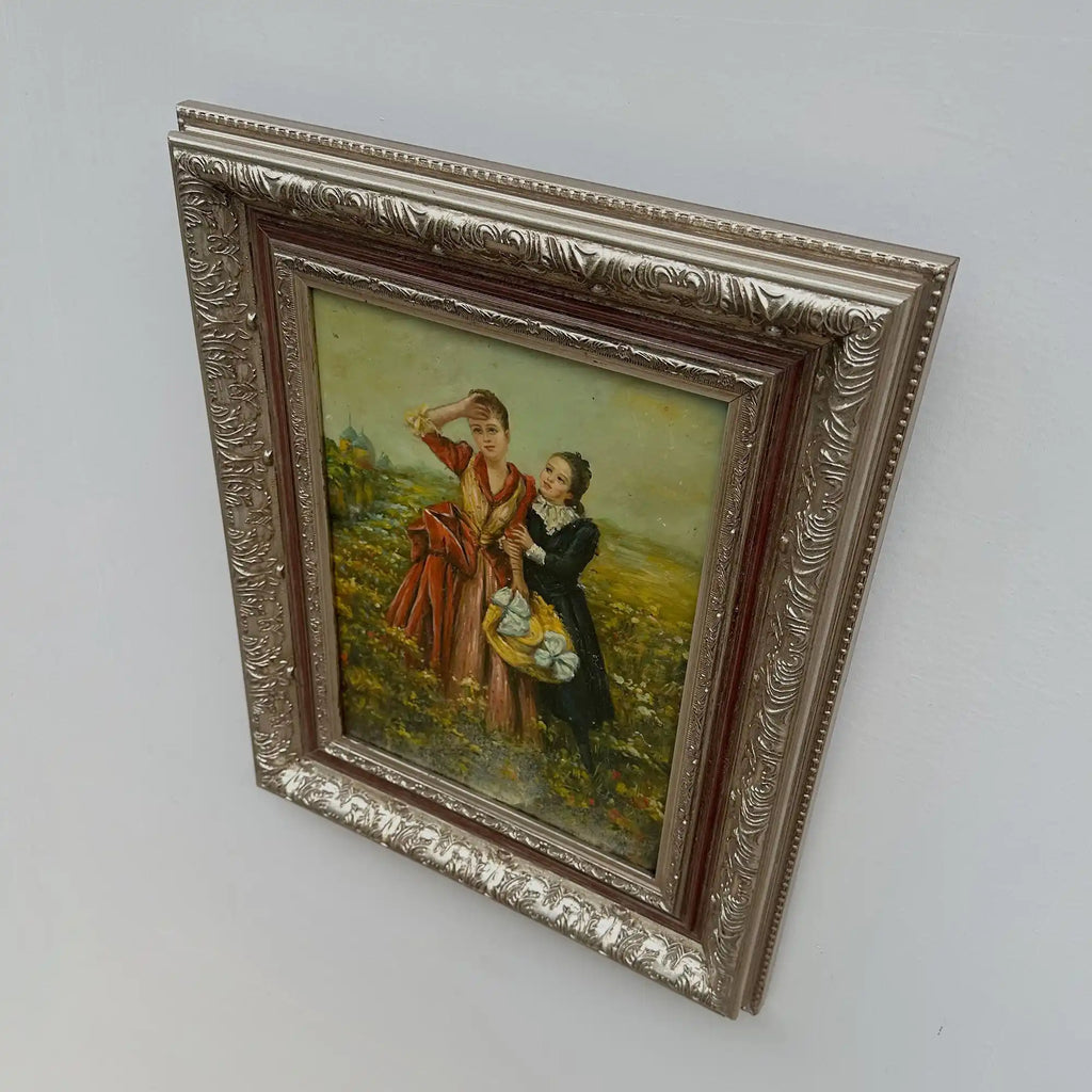 Ladies in the Meadow | Vintage Figure Oil Painting | Ornate Frame | 18.9×22.8in - Vintage Oil Painting - Arden Gallery