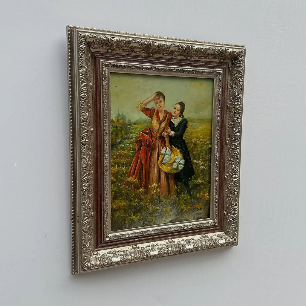 Ladies in the Meadow | Vintage Figure Oil Painting | Ornate Frame | 18.9×22.8in - Vintage Oil Painting - Arden Gallery